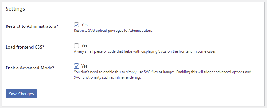 The settings of the SVG Support plugin.