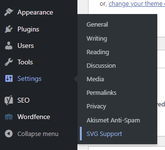 SVG Support being accessed from the WordPress dashboard.