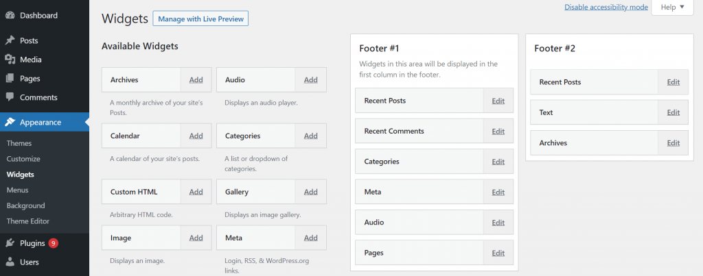 The widgets area in the WordPress dashboard - enable accessibility mode version. 
