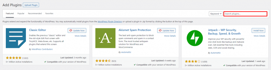 WordPress plugin directory, highlighting the search bar at the top right