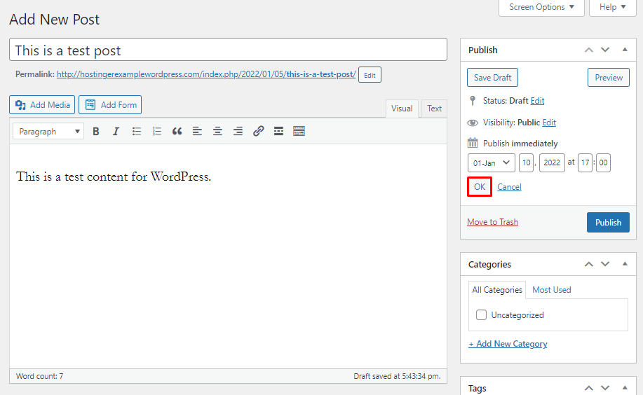 The ok button to schedule posts in the WordPress classic editor for the changed date.