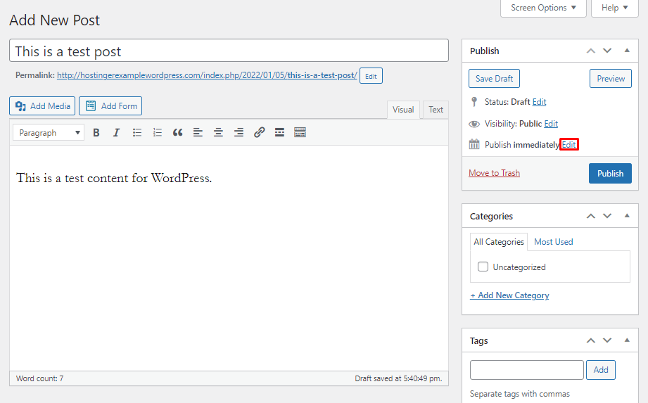 The Edit button next to Publish immediately in the right tab of the WordPress classic editor. 