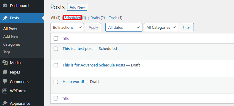 The "Scheduled" button at the top of the table in the WordPress dashboard's Post section.