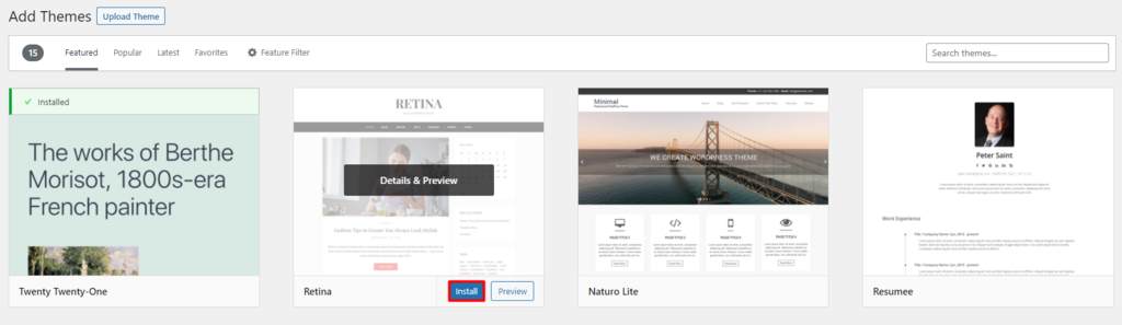 Screenshot of the Add Themes section in WordPress, showing that a theme is installed