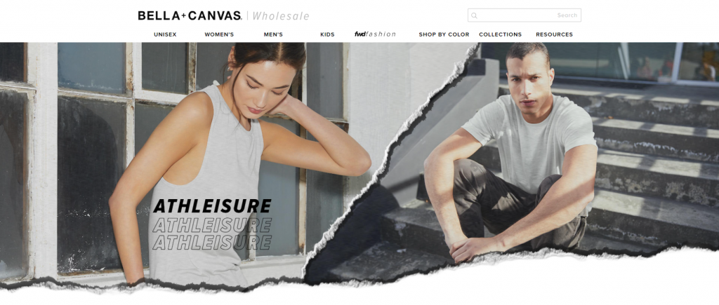A page on Bella + Canvas' website where a woman and a man are shown wearing athleisure.
