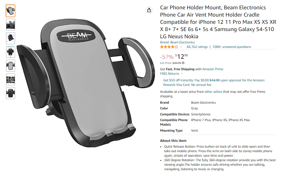 A product page on Amazon showing a photo of a car phone holder by Beam Electronics along with its price, ratings, and product details.