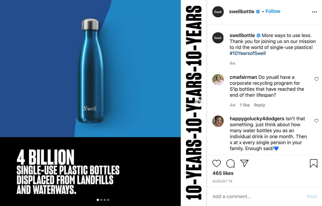 An Instagram post by the brand S'well showing a picture of their water bottle and a text saying 4 billion single-use plastic bottles displaced from landfills and water ways