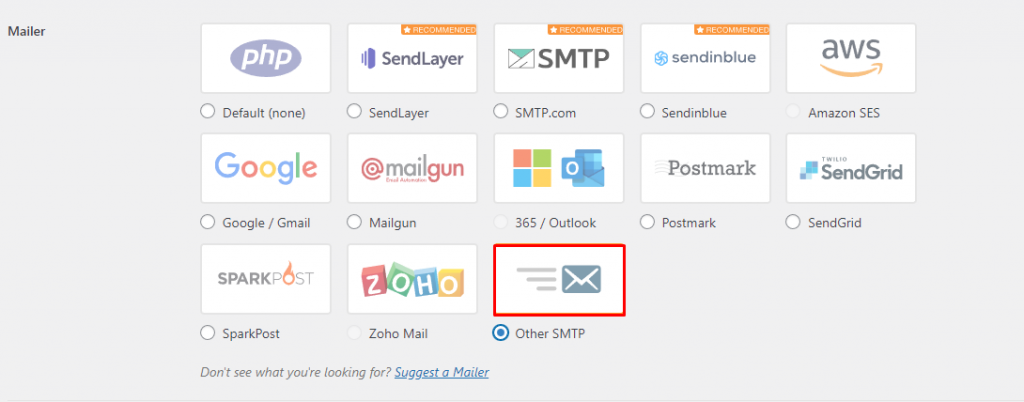 Choosing the Mailer option on WP Mail SMTP.
