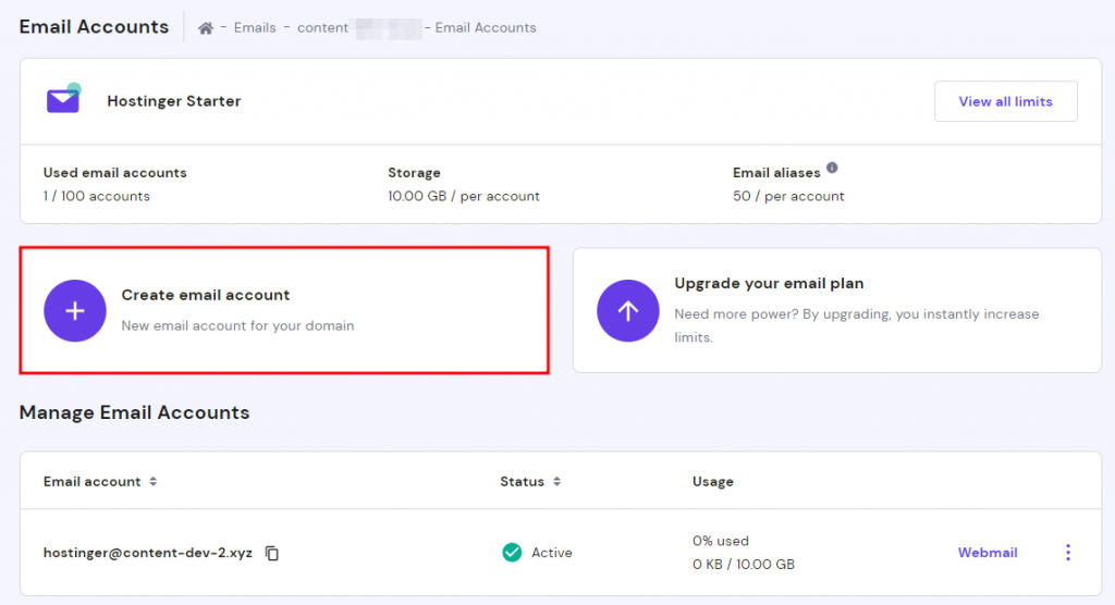 Creating an email account on Hostinger