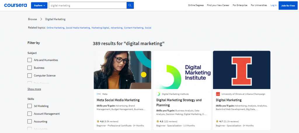 Digital Marketing courses on the Coursera website
