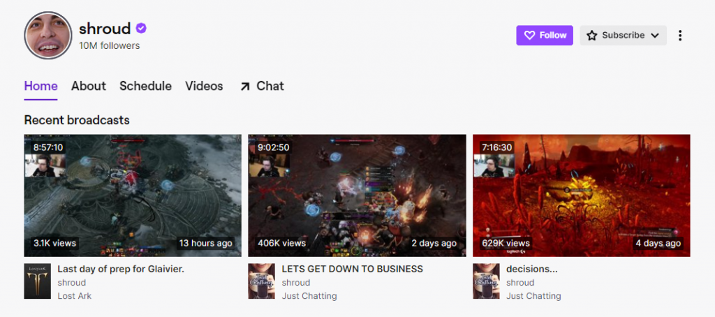 Shroud's profile on the Twitch website