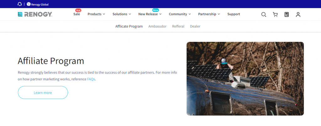 The Affiliate Program page on Renogy's website featuring a photo of a man setting up solar panels.