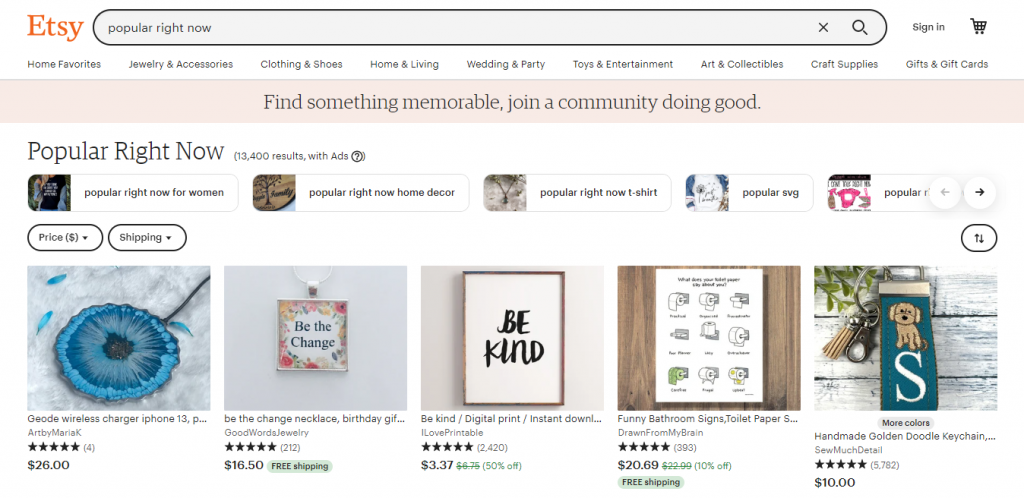 The Popular Right Now page on the Etsy website.
