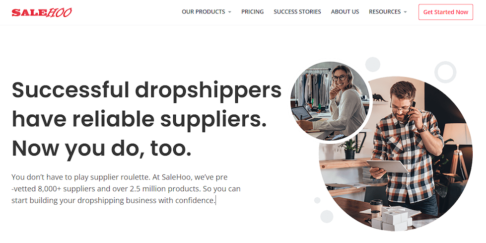 The SaleHoo homepage which says "Successful dropshippers have reliable suppliers. Now you do, too" along with photos of a man on the phone and a woman smiling.
