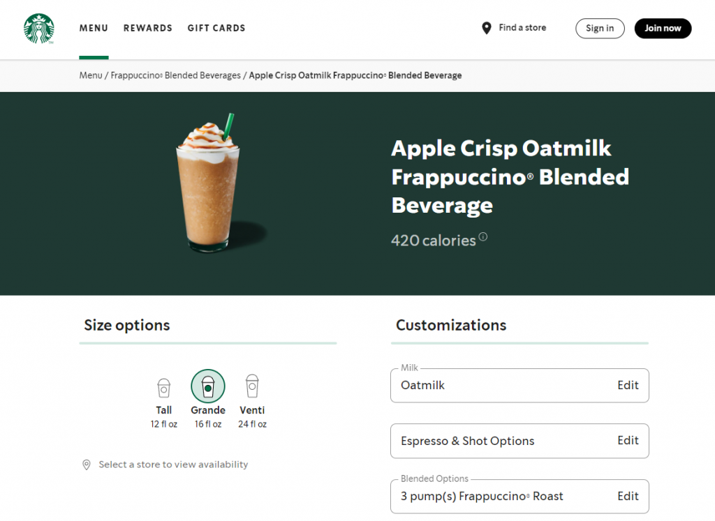The Size Options and Customizations panel for Starbucks' Apple Crisp Oatmilk Frappuccino Blended Beverage