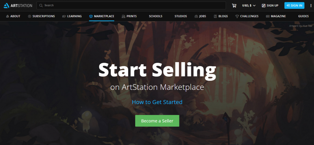 The Start Selling on ArtStation Marketplace page on the ArtStation website
