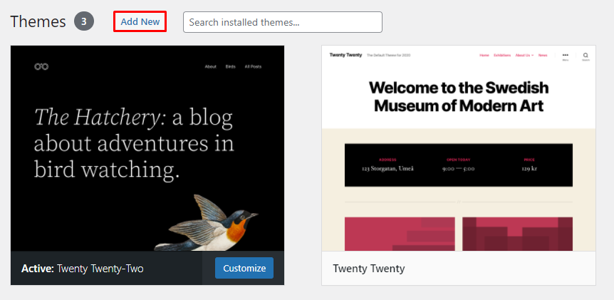 Add a new theme on WordPress dashboard.