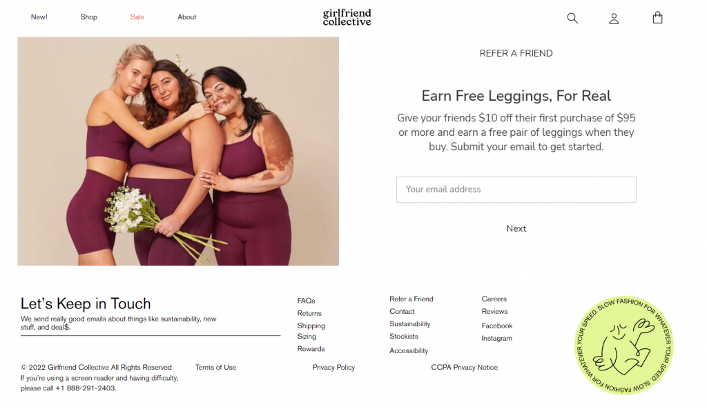 Girlfriend Collective's referral marketing page.