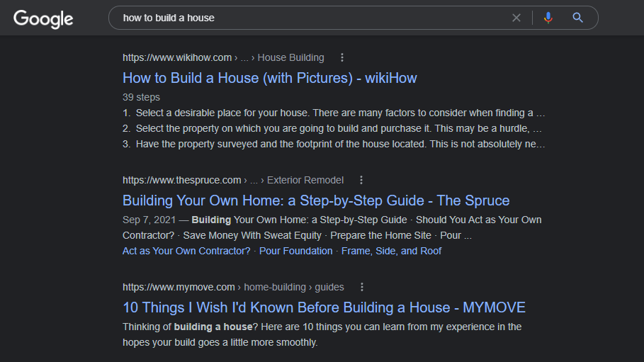 Google search result on how to build a house.