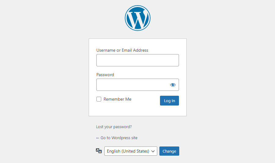 The login screen in WordPress with the language options at the bottom
