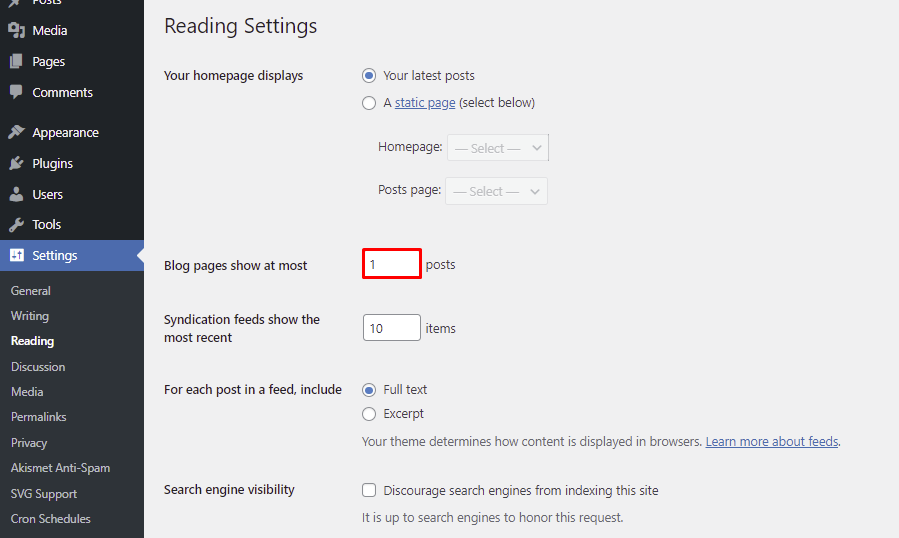 Changing the number of posts shown per page in the WordPress settings. 