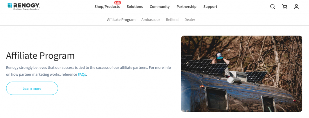 The Affiliate Program section on the Partners page on Renogy's website featuring a photo of a man setting up solar panels.
