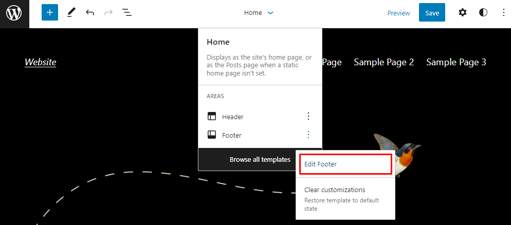 Focus mode option for editing the footer in the block editor
