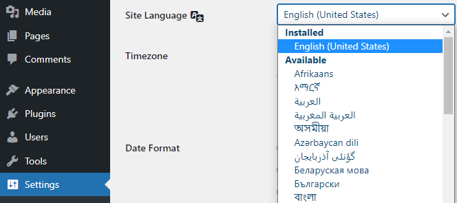 Site language settings in the WordPress admin.
