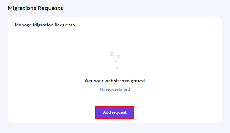 Hostinger Migrations Requests page highlight Add request button