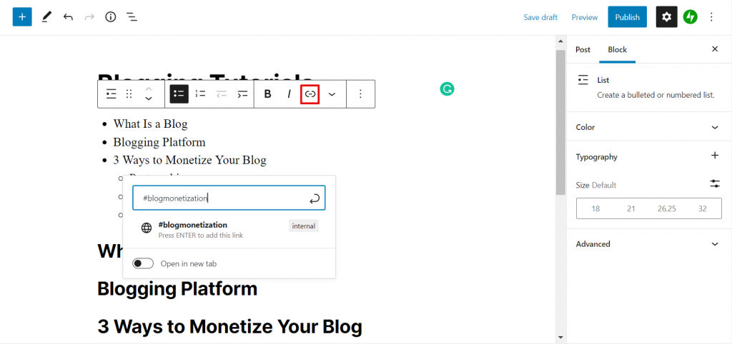 Screenshot on how to manually create an internal linking within WordPress post