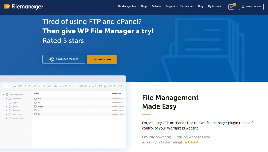 a screenshot of the WP File Manager's official website
