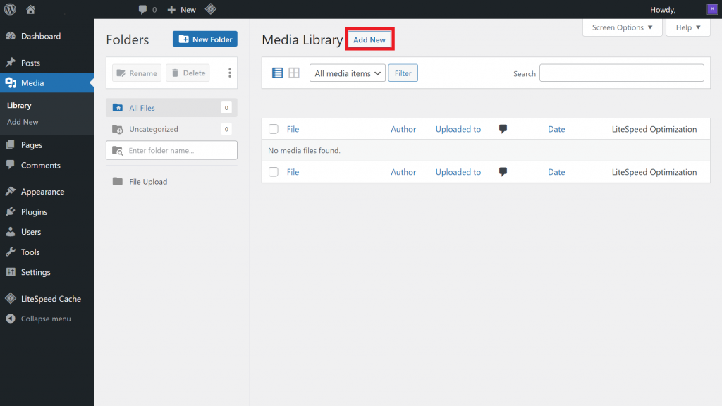a screenshot of the add new WordPress Dashboard's Media Library