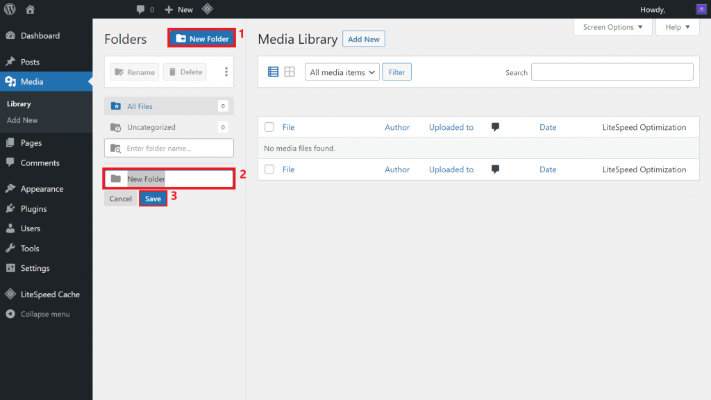 a screenshot of the new folder WordPress Dashboard's Media Library