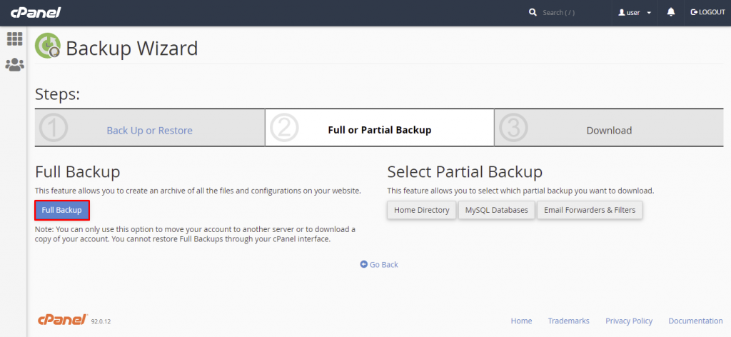 The Full Backup button in the cPanel Backup Wizard.