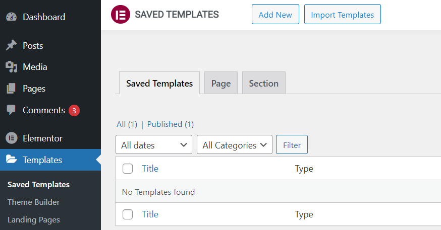 The saved templates section in Elementor