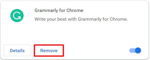 The Remove button on Google Chrome's Extensions settings.
