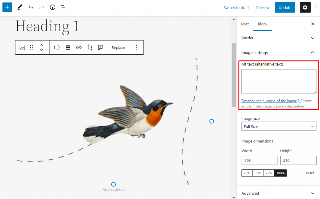 Alt text field for the image block in the WordPress editor