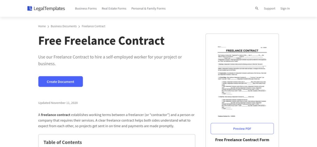A freelance contract template from Legal Templates.