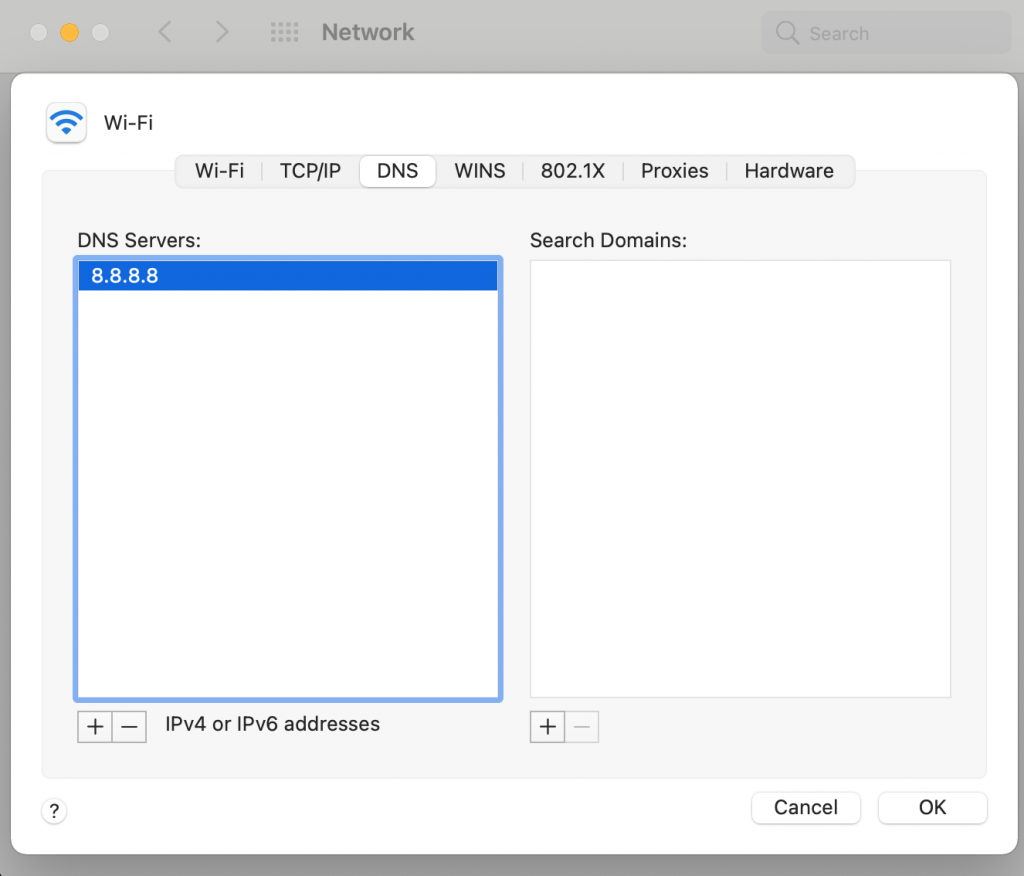 The DNS settings on macOS.