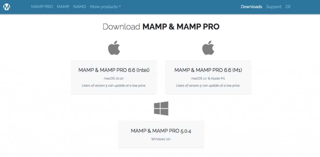 The three possible versions of MAMP to download.
