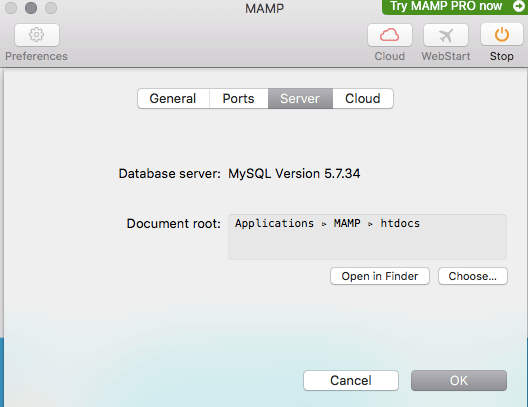The Server tab under MAMP preferences.