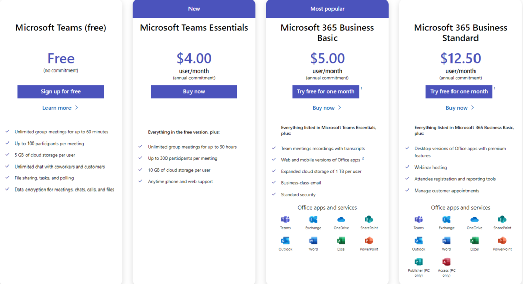 Free and paid plans available on Microsoft Teams.