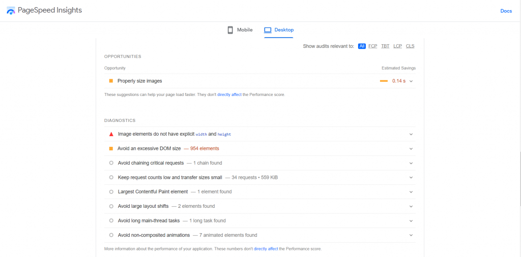 Opportunities and Diagnostics sections on PageSpeed Insights 