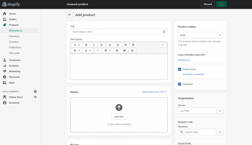 Add a new product via the Shopify dashboard.