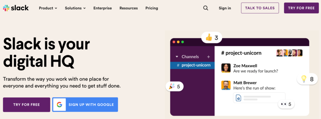 Homepage of Slack, an online collaboration tool.