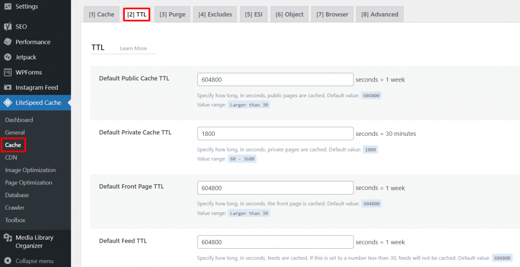 The cache lifespan setting on LiteSpeed Cache.