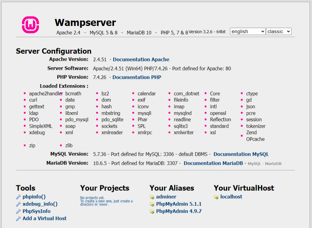 WampServer server configuration details.