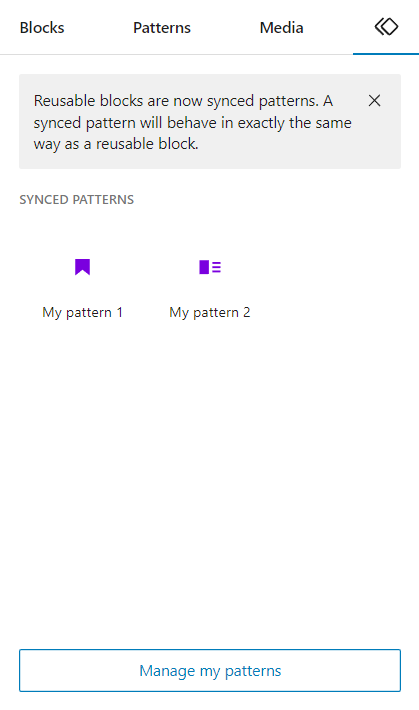 The synced patterns tab on the WordPress block inserter