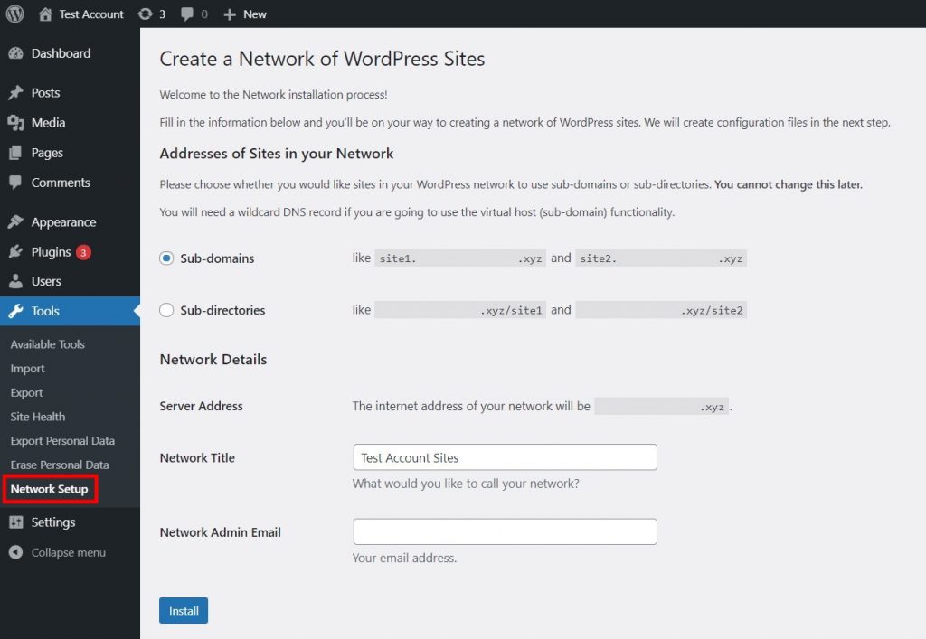 The Network Setup page in the WordPress admin dashboard.