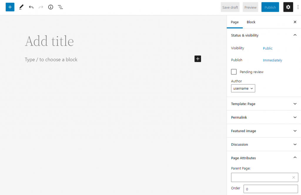 A new WordPress page draft in the editor